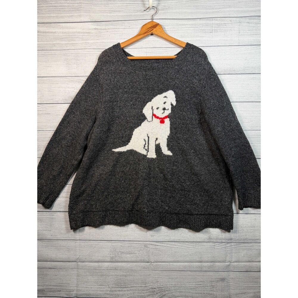 Cupcakes and Cashmere Women's 3X Gray White Dog Graphic Knit Sweater 4348